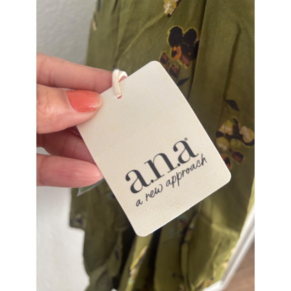 a.n.a‎ Button Up Blouse Large Olive Green Floral Cotton Band Collar NWT - Picture 9 of 10